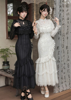 Withpuji -Sparse Shadow- Daily Wear Embroidery Long Sleeves Mermaid Casual Lolita Dress Set