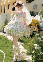 Sweetheart Macarons -Blossoms Adore Summer- Floral Ballet Sweet Lolita JSK with A Back Bow and Accessories