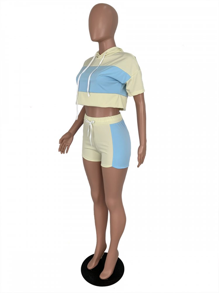 Wgw Casual Patchwork Hooded Tracksuit Two Piece Shorts Set Ml7220