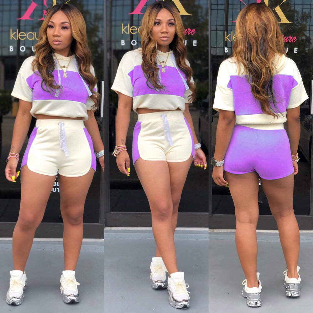 Wgw Casual Patchwork Hooded Tracksuit Two Piece Shorts Set Ml7220