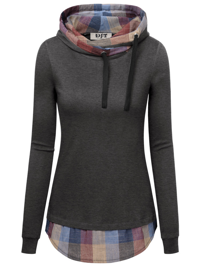 DJT Women's Funnel Neck Check Contrast Pullover Hoodie Top