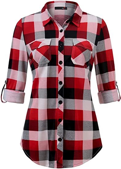 DJT FASHION Roll Up Long Sleeve Collared Button Down Plaid Shir