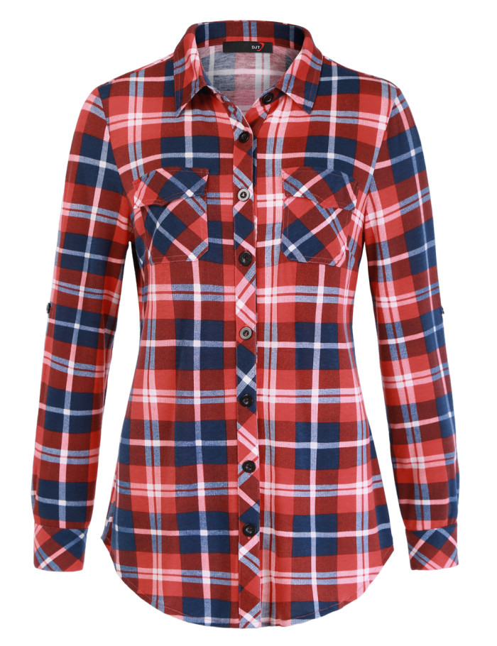 DJT FASHION Roll Up Long Sleeve Collared Button Down Plaid Shir