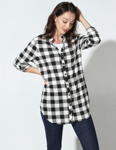 DJT Women's Soft V Neck Roll Up 3/4 Sleeve Pockets Casual Button Down Plaid Shirts