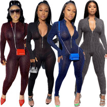 Nightclub Sexy Color Line Perspective Long-sleeved Jumpsuit