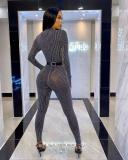 Nightclub Sexy Color Line Perspective Long-sleeved Jumpsuit