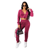 Fashion Solid Color Zipper Hooded Long Sleeve Autumn And Winter Two-piece Suit