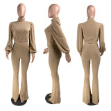 Fashion Casual Flared Pants Lantern Sleeve High Stretch Rib Suit