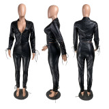 Fashion Eyelet Strap PU Leather Suit Two-piece Suit