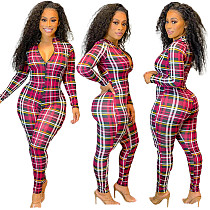 Fashion Check Printed Zipper Casual Jumpsuit