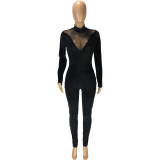 Fashion Casual Sexy Gold Velvet Mesh Stitching See-through Slim-fit Jumpsuit