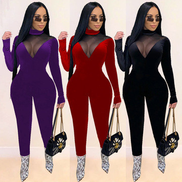 Fashion Casual Sexy Gold Velvet Mesh Stitching See-through Slim-fit Jumpsuit