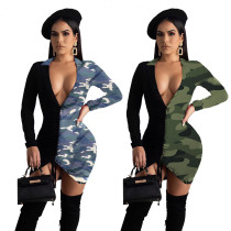 Fashion Color Matching Stretch Sexy Deep V-neck Camouflage Dress