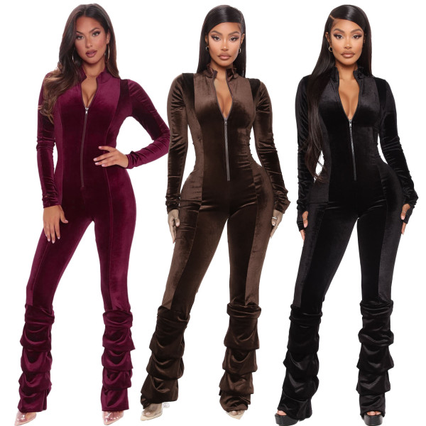 Fashion Women's Zipper Deep V Pleated Hem Jumpsuit