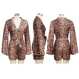 Fashion Leopard Print Long-sleeved V-neck Short Jumpsuit