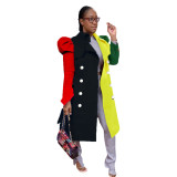 Fashion Suit Collar Color Block Mid-length Puff Sleeve Trench Coat