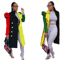 Fashion Suit Collar Color Block Mid-length Puff Sleeve Trench Coat