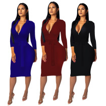 Fashion Solid Color Zipper Deep V-neck Slim Dress