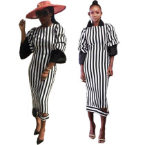 Fashionable Puff Sleeve Striped Slim Dress