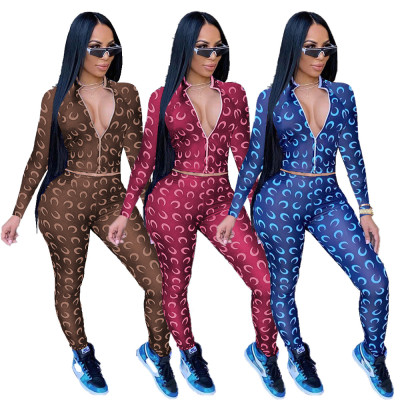 Fashion Multi-color Printed Zipper Sports Casual Suit