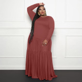 Plus Size Solid Color Patchwork Long Sleeve Loose Maxi Dress