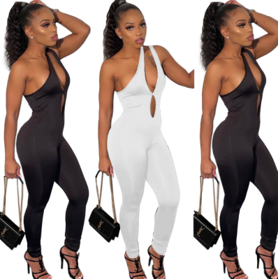 Women Solid Color Cut Out Sleeveless One Shoulder Sexy Jumpsuit
