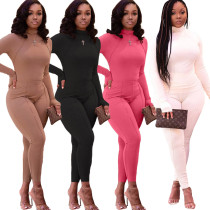 Solid Color Casual Long Sleeve Fitness Tops Leggings 2 Piece Suit