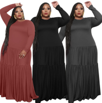 Plus Size Solid Color Patchwork Long Sleeve Loose Maxi Dress