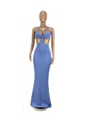Sexy Solid Color Hollow Out Sleeveless Floor-lenth Halter Dress