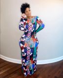 Women's Printed Long-sleeved Backless Slim-fit Maxi Dress
