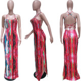 Women Tie Dyed Printed Halter Backless High Slit Maxi Dress