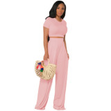 Pure Color Open Waist Flared Pants Casual Two-piece Suit