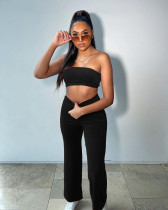 Elegant Velvet Strapless Crop Top Loose Pants Two Piece Outfits