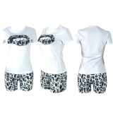 Casual Lips Printed Tops with Leopard Shorts Set 2 Pieces