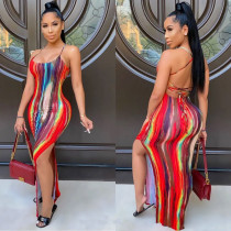 Women Tie Dyed Printed Halter Backless High Slit Maxi Dress