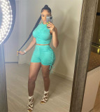 Summer Solid Crop Tops Drawstring Shorts Sexy Two Piece Outfits