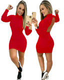 Solid Color Backless Long Sleeve Fitness Skinny Stretch Mini Dress