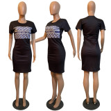 Hot Sales Print Short Sleeve Round Neck Slim Waist Midi Dress