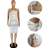 Sexy Solid Drawstring Hip Package Stretchy Bodycon Mini Dress
