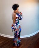 Women's Printed Long-sleeved Backless Slim-fit Maxi Dress