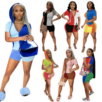 Color Matching Short Sleeve Zipper Hooded Top Shorts 2 Pieces