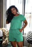 Summer Solid Color Short Sleeve Round Neck Lace-up Romper