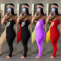 Color Block Letter Print Sleeveless Bodycon Halter Jumpsuits
