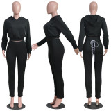 Solid Long Sleeve Hoodied Crop Top+Buttocks Bandage Pants Suit