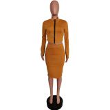 Women Solid Long Sleeve Zipper Top Midi Skirt Two Piece Set