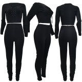 Winter Women Ribbed Long Sleeve Crop Top+Pants Club Outfits