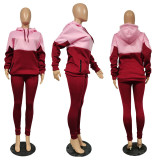 Winter Color Patchwork Long Sleeve Hoodie Pants Matching Set