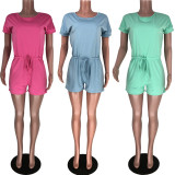 Women Solid Color Short Sleeves Round Neck Leisure Rompers