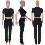 2021 Hot Women Short Sleeves Crop Top And Stack Pants 2 Pieces Sets