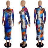 Fashion Printed Stand Collar Long-sleeved Bodycon Midi Dress